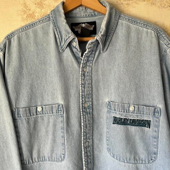 Vintage 90s Harley-Davidson Denim Shirt | Distressed Grunge Wash | Size L - Picture 3 of 8